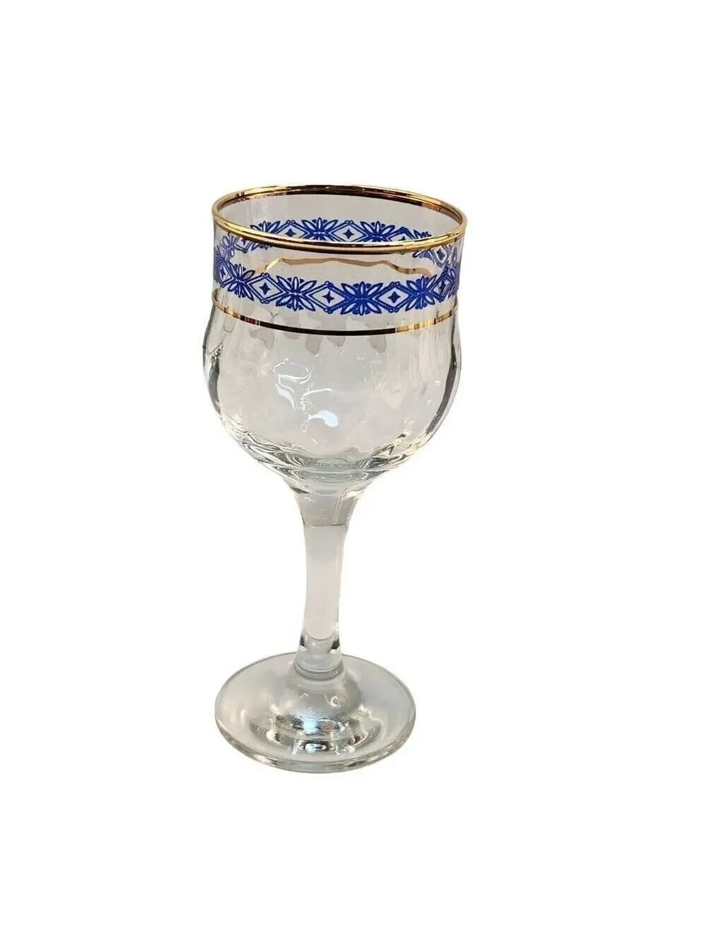 Steamed Wine Glasses Blue Floral Diamond & Gold Rim Design, Swirl Glass